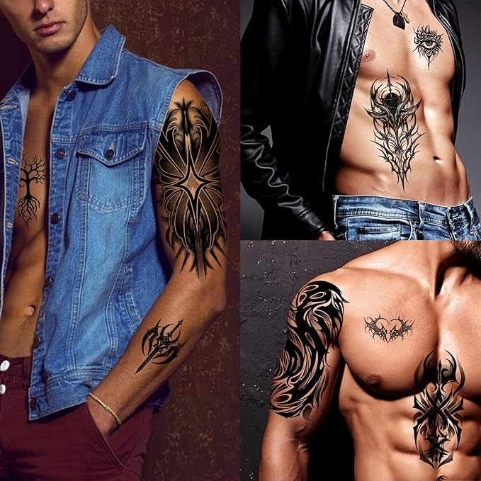 77 Sheets Cyborg Tribal Temporary Tattoo for Women Men, 17 Half Arm Large Skull Butterfly Fake Tattoos, 60 Black Vintage Tiny Adult Kid Body Tattoos Stickers Realistic Waterproof Long Lasting