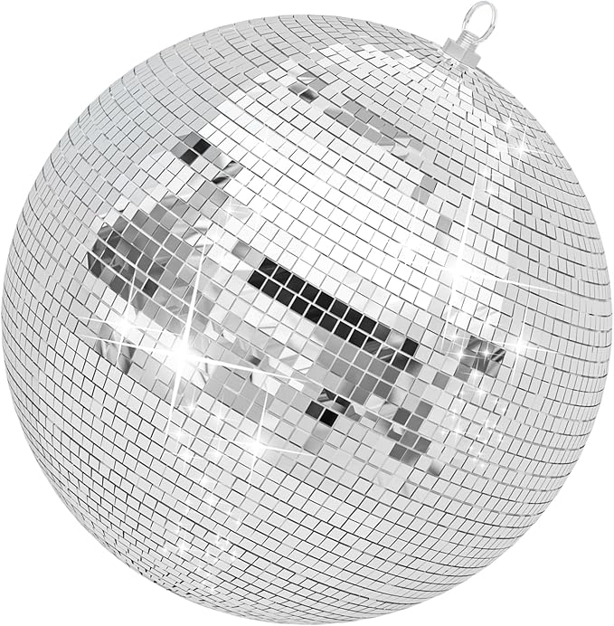 12/16 inch Disco Ball, Light Effect Disco Ball with Hanging Ring, Party Decorations for Live Stage, DJ Club, Party, Wedding Decor (16inch-Silver)