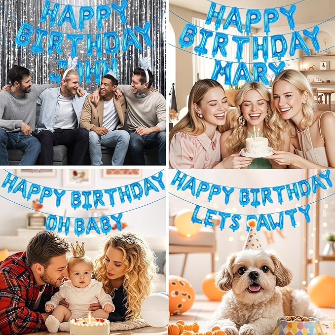 65 Pcs Blue Happy Birthday Balloons and 2 Sets A-Z Letters Foil Balloons, 16 Inch Personalized Name Happy Birthday Banners for Wedding Baby Shower Anniversary Party Decorations (Blue)