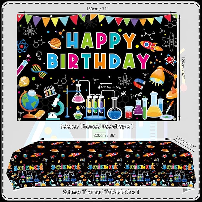 Science Party Supplies, Includes Happy Birthday Backdrop, Plates, Tablecloth, Cups, Balloon and Straws, for Boy Girl Scientist Lab Decoration Serves 20 Guests