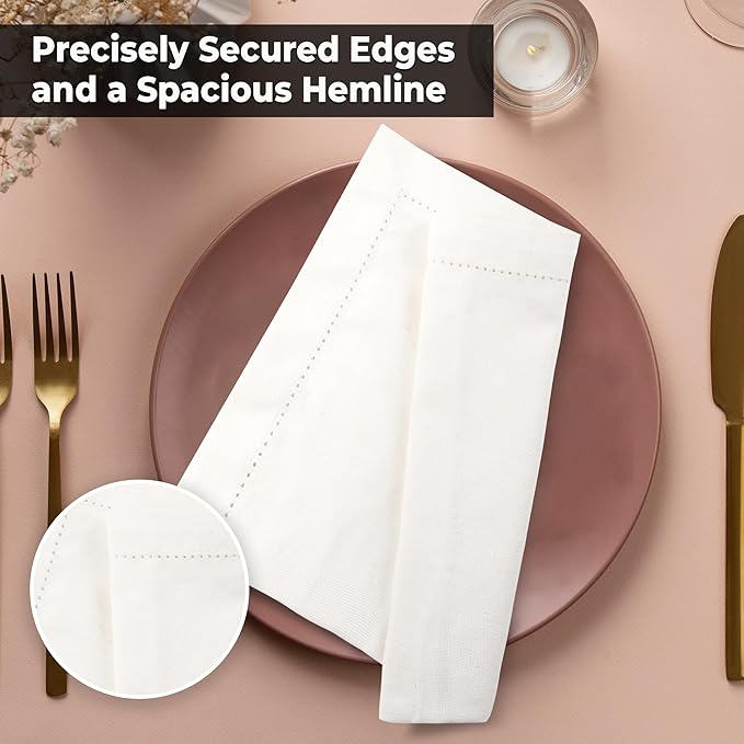 Urban Villa Cloth Napkins Ivory Hemstitch Dinner Napkins Set of 12 20X20 Inches 100% Cotton Absorbent Washable Durable Reusable Ideal for Farmhouse Party Thanksgiving Harvest Fall Dinner Napkins