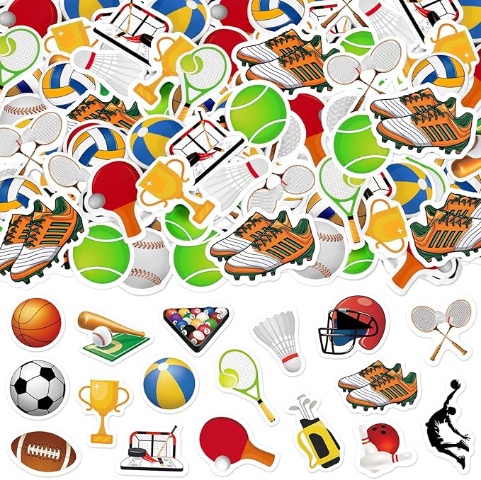 300Pcs Sports Foam Stickers, Self-Adhesive Sport Balls Stickers Basketball Football Baseball Soccer Decals Sticker Decorations for Home Office School Classroom DIY Art Craft Party Supplies
