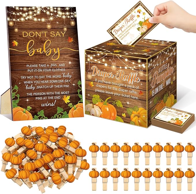 102 Pcs Fall Thanksgiving Baby Shower Game Supplies Diaper Raffle Tickets with Diaper Raffle Card Box Don't Say Baby Sign Mini Fall Pumpkin Clothespin Game Decor for Gender Reveal Favor