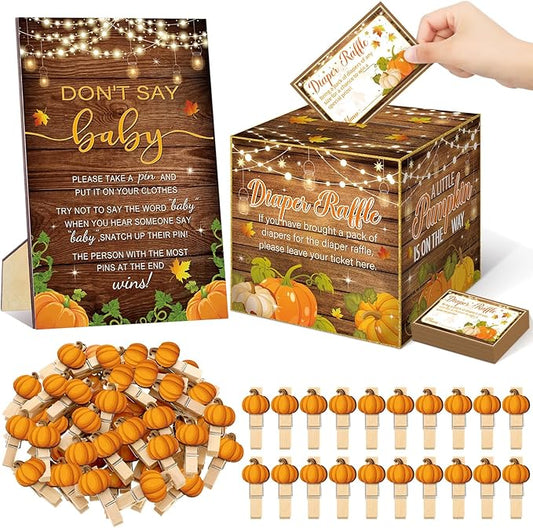 102 Pcs Fall Thanksgiving Baby Shower Game Supplies Diaper Raffle Tickets with Diaper Raffle Card Box Don't Say Baby Sign Mini Fall Pumpkin Clothespin Game Decor for Gender Reveal Favor