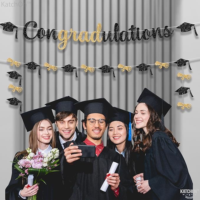 Katchon Congratulations Banner - 10ft | Pre-strung Black And Gold Graduation Banner 2025 | Graduation Decorations 2025 For Party | Congrats Grad banner, Grad Sign, graduation Garland Class Of 2025