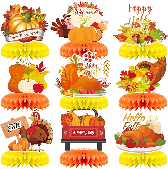9Pcs Fall Centerpiece Table Decorations Fall Party Decorations Thanksgiving Table Centerpiece Turkey Centerpiece Pumpkin Honeycomb for Thanksgiving Table Decoration Autumn Birthday Party Supplies