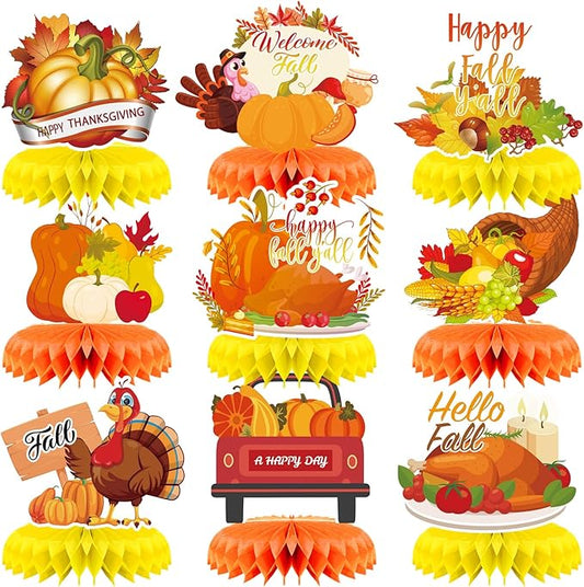 9Pcs Fall Centerpiece Table Decorations Fall Party Decorations Thanksgiving Table Centerpiece Turkey Centerpiece Pumpkin Honeycomb for Thanksgiving Table Decoration Autumn Birthday Party Supplies
