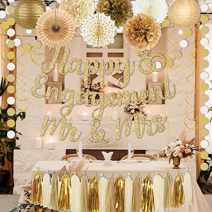 Engagement Party Decorations,Champagne-Gold Sage Congratulations Decorations includes Gold Glitter Happy Engagement Banner for Just Engaged Almost Married Party, Bachelorette Party Decorations