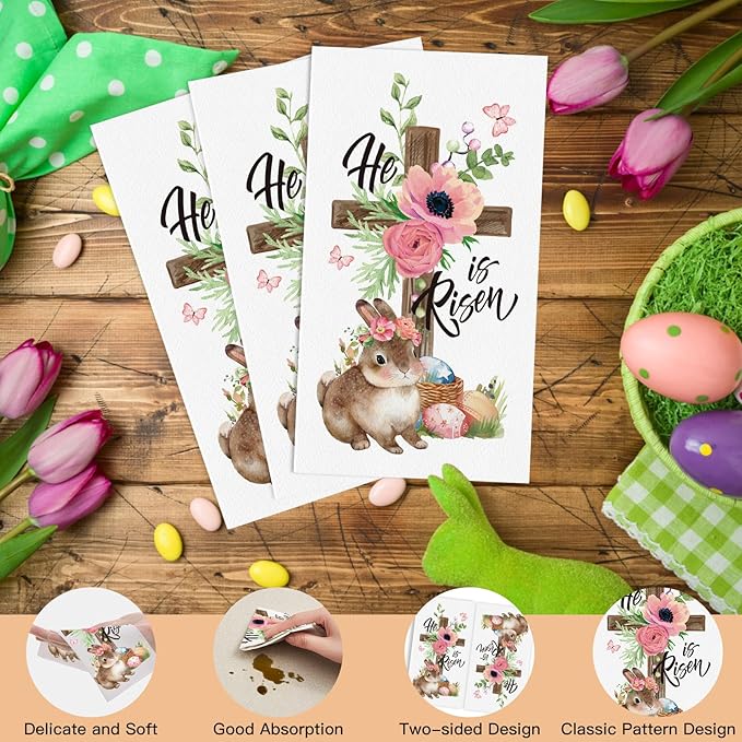 100Pcs He is Risen Napkins Disposable Easter Paper Napkins, Religious Bunny Cross Egg Flowers Spring Guest Napkins Hand Towels for Easter Decorative Dinner Kitchen Bathroom Home Party Supplies