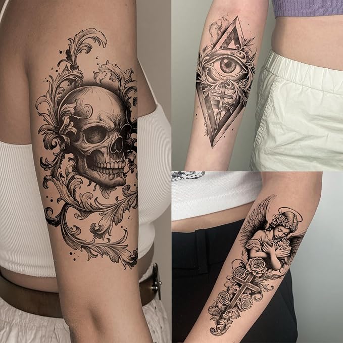 47 Sheets Baroque Temporary Tattoo for Women Men, 17 Sheets Half Arm Large Cross Skull Poker Angels Fake Tattoos, 30 Sheets Lion Flowers Tiny for Adult Kids Body Tattoos Stickers Realistic