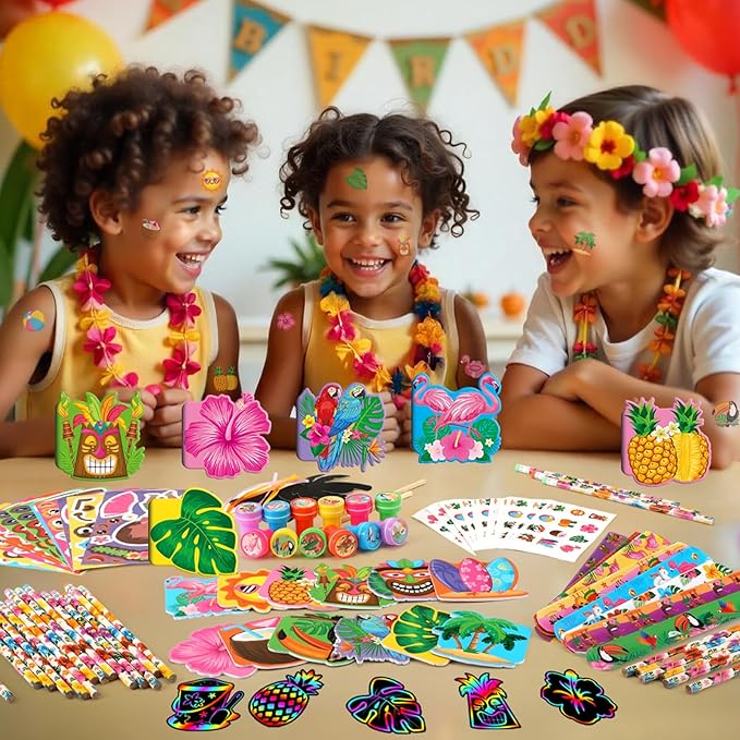 BenLouis 216Pcs Hawaiian Luau Party Favors Aloha Summer Tropical Tiki Theme School Stationery Set Bulk for Kids Beach Pool Birthday Party Goodie Bag Stuffers Classroom Gifts Rewards Pinata Filler