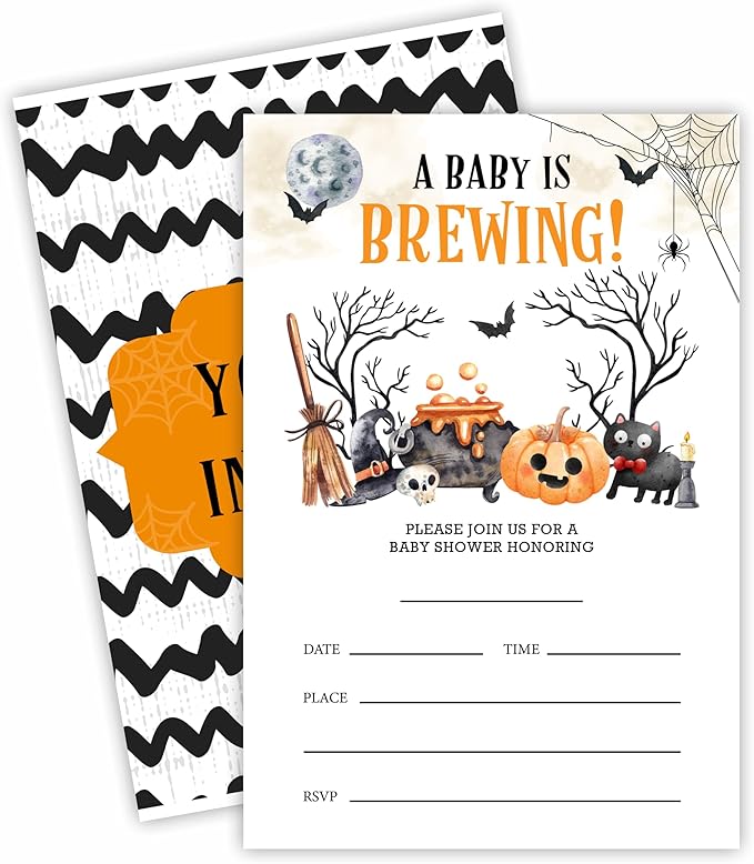 25 Halloween Baby Shower Invitation Cards, A Baby Is Brewing, Watercolor Pumpkin & Boo Baby Shower Invites With Envelopes, Gender Reveal, Baby Announcement Party Favor & Supplies (A10)
