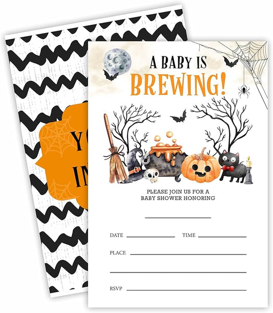 25 Halloween Baby Shower Invitation Cards, A Baby Is Brewing, Watercolor Pumpkin & Boo Baby Shower Invites With Envelopes, Gender Reveal, Baby Announcement Party Favor & Supplies (A10)
