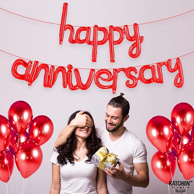 KatchOn Red Anniversary Balloons - 16 Inch | Script Banner for Anniversary Decorations | Work & Romantic Party Decorations