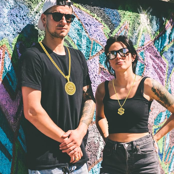 6 Pack Fake Gold-Colored Dollar Sign Chain Necklace Ring for 80s 90s Hip Hop Costumes Outfit, Rapper Jewelry for Men Women