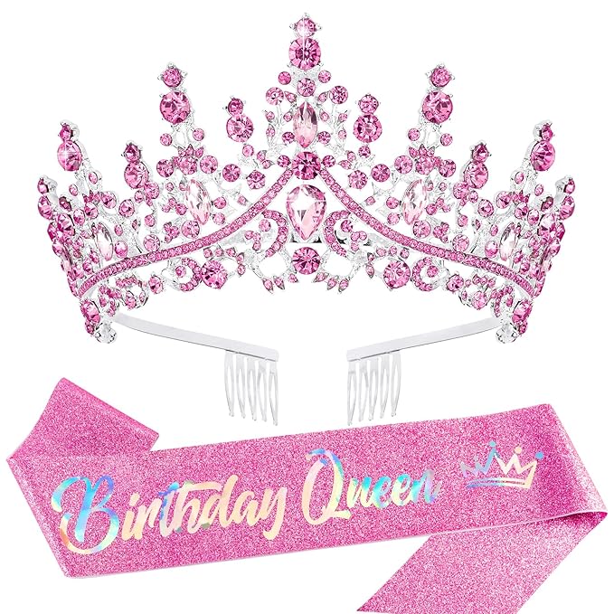 Velscrun Pink Crystal Birthday Queen Tiara Crown for Women Girls Birthday Queen Headband Sash Elegant Princess Crown with Combs Hair Accessories Happy Birth Party Decorations Mom Birth Gift