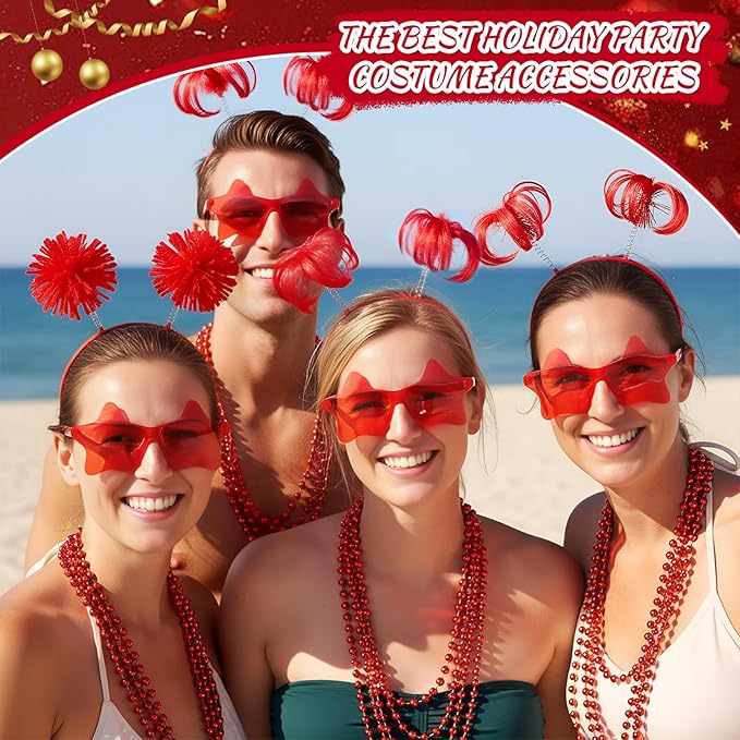 50 Pcs Red Holiday Team Spirit Party Accessories Pom Pom Party Headbands Star Shape Sunglasses Bead Necklaces Stuff Favors for Birthday Wedding Supplies(Classic)