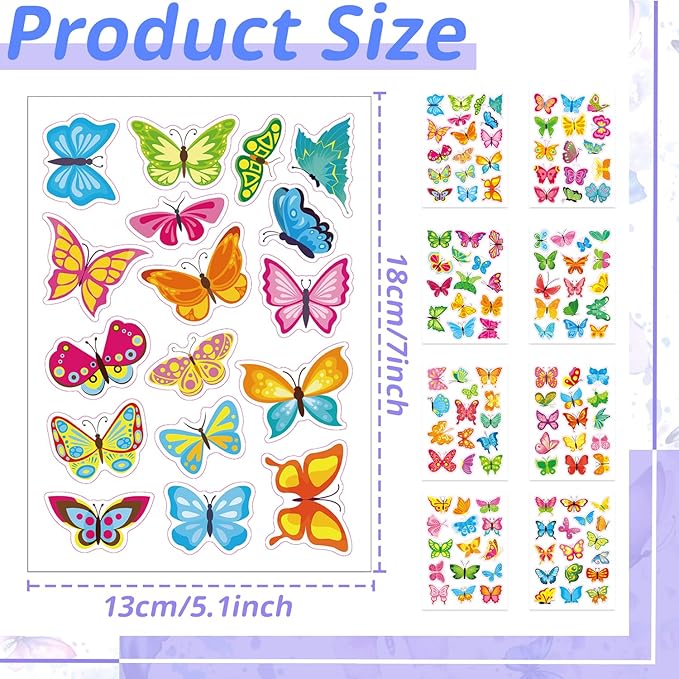 24 Sheets Butterfly Stickers for Kids, 370+ Pcs Spring Butterfly Decorative Stickers Bulk Preschool Sticker Sheets for Reward Craft Scrapbooking Water Bottles Gifts Bags Cards Party Favors Supplies