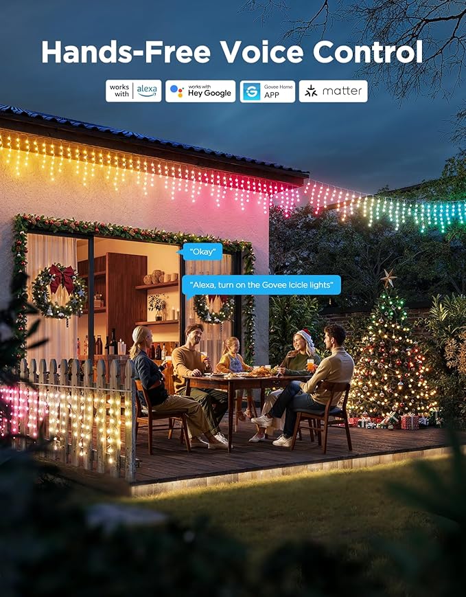 Govee Icicle Lights, Smart RGBIC Christmas Lights for Outside, 66ft with 800 LEDs Icicle Light for Outdoor, IP67 Waterproof, Music Sync, Voice Control, 78+ Scene Modes for Halloween Decor