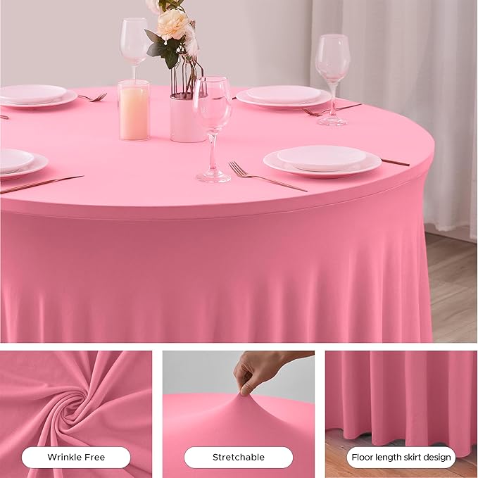 HolidayIdeas 60 Inch Pink Spandex Round Table Skirts,Fitted Stretch Tablecloths for Round 5 ft Table, Wrinkle-Free Ruffle Design Tablecloths for Banquets,Trade Shows, Parties, Events, 6 Pcs