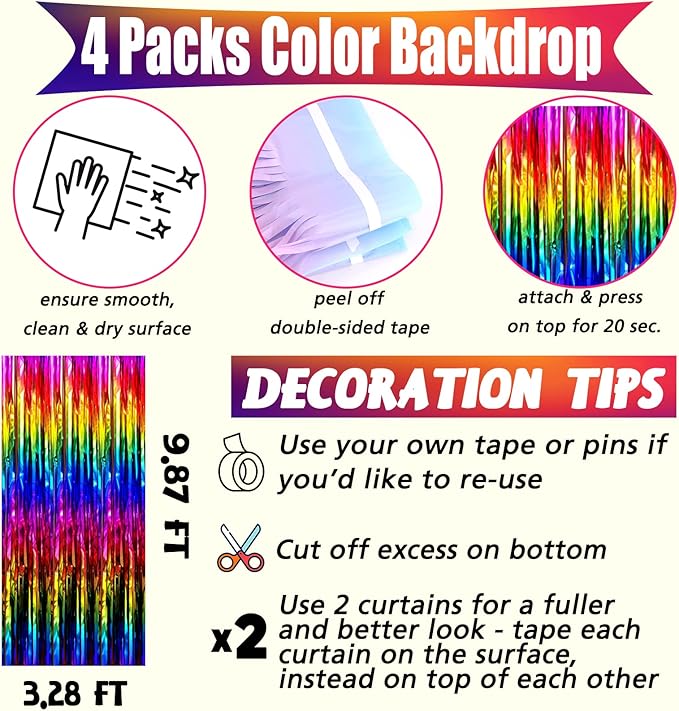 4 Pack Rainbow Fringe Curtain Backdrop, 3.2Ft x 9.8Ft Colorful Metallic Tinsel Foil Fringe Streamers for Photo Booth Birthday Wedding Baby Shower Carnival Easter Mother’s Day Party Decorations