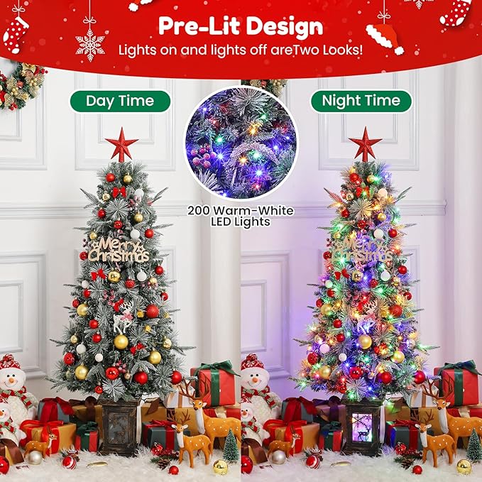 GarveeHome 4.5ft Prelit Christmas Trees with 150 Two-Color Lights & 20 Clusters Red Berry, Artificial Potted Xmas Tree with 8 Light-Modes, Elk Base, Holiday Decor, 1 PCS
