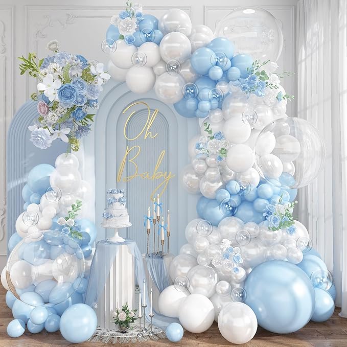 Pastel Blue White Balloons Garland Arch Kit, 104PCS Double Stuffed Pearl White Balloons, Light Baby Blue Clear Balloon for Bridal Shower Baby Birthday Bachelorette Wedding Engagement Party Decorations
