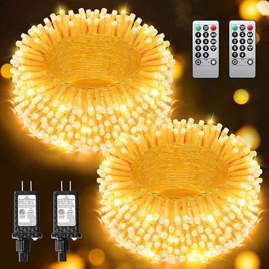 Total 250FT 760 LED Christmas Lights, 2 Packs 380 LED Outdoor String Lights Waterproof, Timer & Memory, 8 Modes Dimmable Plug in Fairy Lights for Tree Outside Xmas Holiday Decorations,Warm White