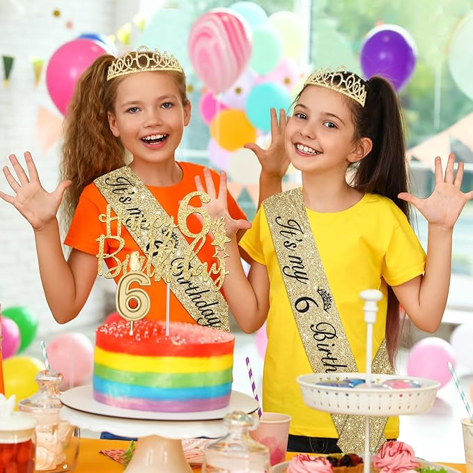 6th Birthday Decorations for Girl with 6th Birthday Sash and Tiara, Candle and Cake Topper, Number Balloon, 6 Year Old Girl Gifts