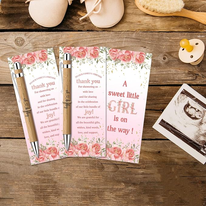 Toerifer 30 Pcs Floral Baby Shower Gifts, Gender Reveal Favors for 30 Guest, Baby Shower Sets, Included Bamboo Pens Thanks Cards, Gender Reveal Souvenirs Prizes, Pink Flower Girls Party Decorations
