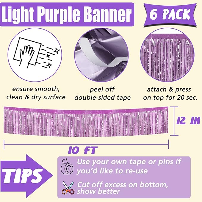 6 Pack 10 Feet Foil Fringe Garland Metallic Tinsel Banner Wall Hanging Curtain Streamers Backdrop for Parade Floats Bachelorette Wedding Birthday Party Thanksgiving Christmas Decorations(Light Purple)