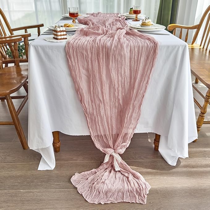 IVAPUPU 2 Pcs Cheesecloth Table Runner - 10ft Dusty Pink Boho Gauze Cheese Cloth Table Runners for Baby Shower Decoration Wedding Party Summer Garden Farmhouse