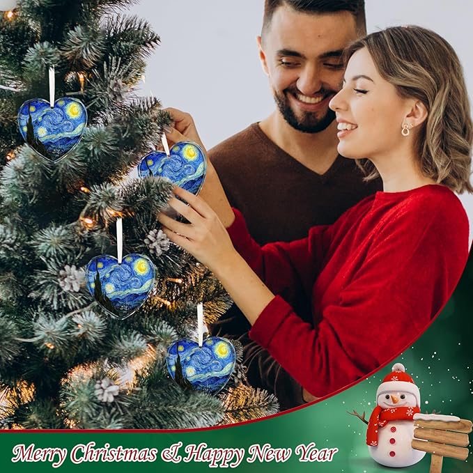 Starry Night Heart Christmas Ornaments, Crystal Glass Art Ornament for Tree, Elegant Artist Ornament Gift with Gift Box, Romantic Heart Ornaments for Christmas Tree Decoration