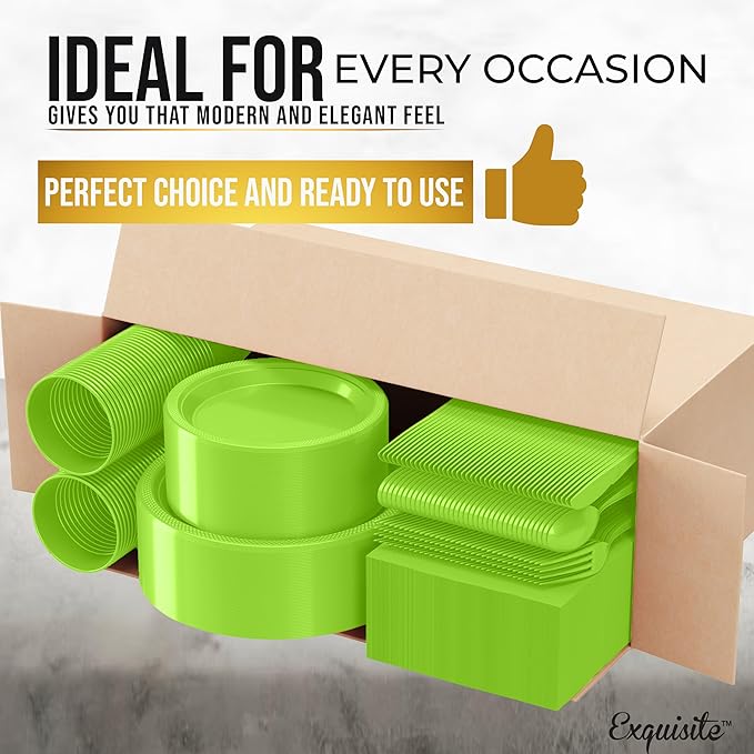 Party Solids 350 Pieces Lime Green Plastic Plates For Party, Lime Green Disposable Plates Set, 50 Of Each 9" Dinner Plate Set, 7" Dessert Plate, Cups, Napkins & Cutlery Plastic Dinnerware
