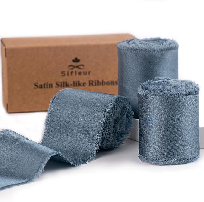 Satin Silk Ribbon, Dusty Blue Ribbon for Wrapping, 1-1/2 inch x 15 Yd Handmade Frayed Fringe Ribbon, for Wedding Engagement Birthday Showers Crafts Flower Bouquet Invitation Decor, 3 Rolls