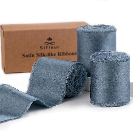 Satin Silk Ribbon, Dusty Blue Ribbon for Wrapping, 1-1/2 inch x 15 Yd Handmade Frayed Fringe Ribbon, for Wedding Engagement Birthday Showers Crafts Flower Bouquet Invitation Decor, 3 Rolls