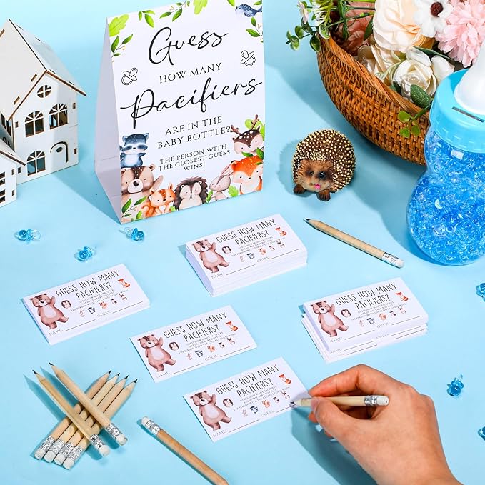 Roowest 512 Pcs Baby Shower Games Guess How Many Pacifiers Sign 100 Small Guessing Games 10 HB Pencils 750ml Milk Bottle 400 Acrylic Pacifiers Decoration for Guest Gender Reveal(Bright,Woodland)