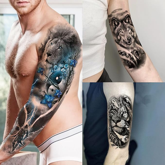 20 Sheets Cool Lion Full Arm Temporary Tattoos For Men Adults Thigh, Wolf Tiger Warrior Maori Totem Fake Sleeve Tattoos For Women, 3D Bulk Black Tribal Clock Halloween Tattoo Stickers