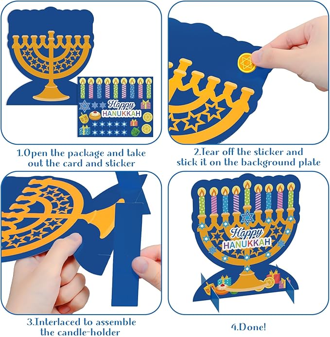 24 Pack Happy Hanukkah Menorah Crafts Kits 3D Sticker Scene Table Decorations Candles Hexagram Sticker Self Adhesive DIY Table Decor for Holiday Party Favors