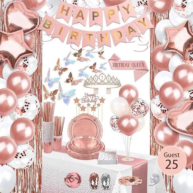 236 Pcs Birthday Decorations For Women, Rose Gold Party Decorations Kit For Girls Or Women - Butterfly, Hanging Swirl, Balloon Stand, Sash, Tiara, Banner, Balloon, Tableware For 25 Guest