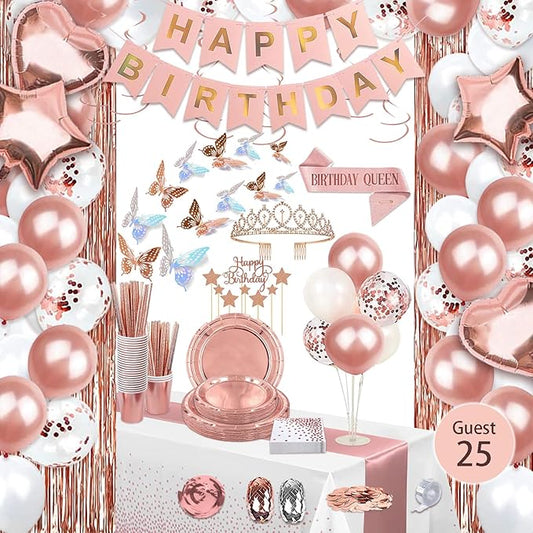 236 Pcs Birthday Decorations For Women, Rose Gold Party Decorations Kit For Girls Or Women - Butterfly, Hanging Swirl, Balloon Stand, Sash, Tiara, Banner, Balloon, Tableware For 25 Guest