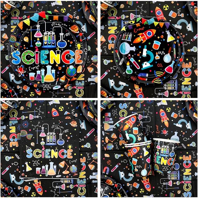 Science Party Supplies, Includes Happy Birthday Backdrop, Plates, Tablecloth, Cups, Balloon and Straws, for Boy Girl Scientist Lab Decoration Serves 20 Guests