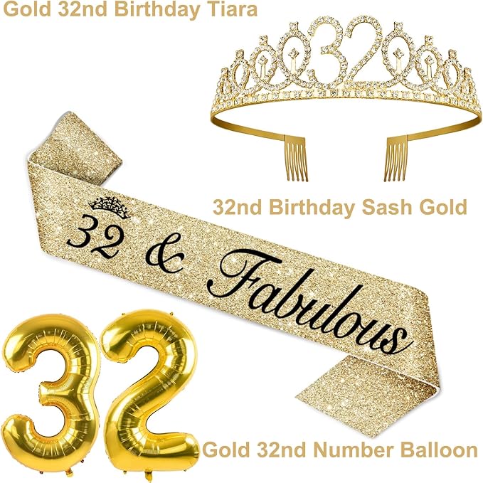 32nd Birthday Decorations for Women Gold with 32 Birthday Sash and Tiara, Cake Topper and Candles, Number Balloons, 32 Year Old Gifts for Women