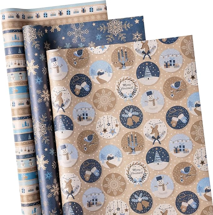 RUSPEPA Christmas Kraft Wrapping Paper Roll - Mini Roll - 17 inches x 10 feet per Roll, Total of 3 Rolls - Blue Snowman and Snowflake