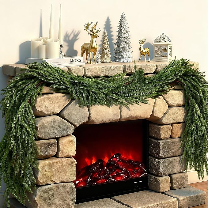 2 Pack Christmas Garland, Real Touch Artificial Norfolk Pine Garland - Realistic PE Greenery for Mantle, Fireplace, Stairs, Indoor Outdoor Holiday Decor (Christmas Garland 9FT)
