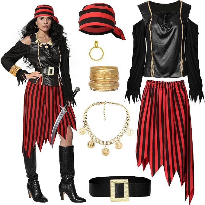 Drofe Pirate Costume Women Accessories Pirate Skirt Renaissance Top Adult Necklace Earrings Halloween Costume Full Set
