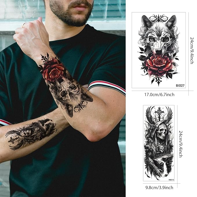 Aresvns 3D Half Sleeve Black Temporary Tattoos, Lion Wolf Skull Military Totem Fake Tattoo, Halloween tattoo stickers for Men Women,Cosplay BBQ Beach Pool party go Hiking Camp accessories