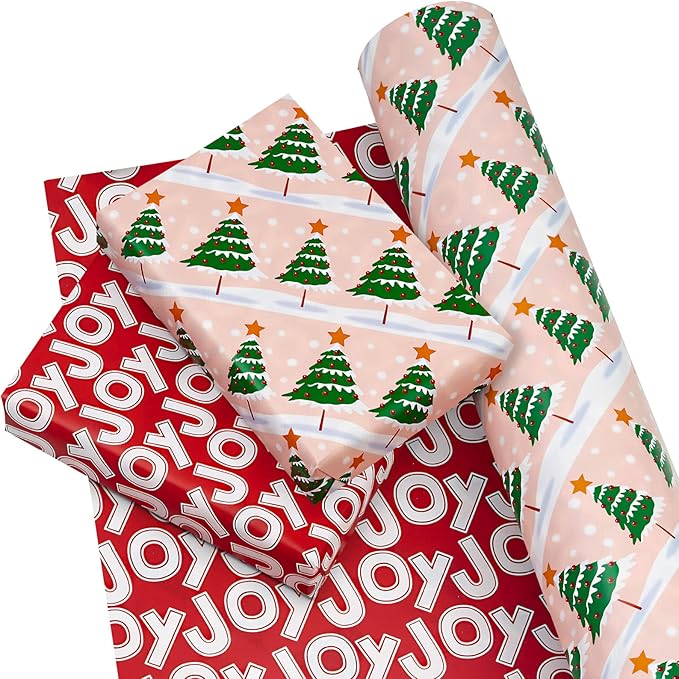 WRAPAHOLIC 30 Inch Jumbo Reversible Christmas Wrapping Paper - 30 Inch x 100 Feet Jumbo Roll Christmas Tree Wrapping Paper with Joy Lettering Perfect for Holiday, Party, Celebration