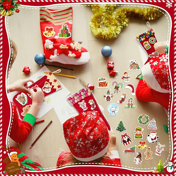 JULBEAR Christmas Foam Sticker, 300Pcs Winter Bulk Colorful Printing Self-Adhesive Campus Themed Foam Stickers for Kids Christmas Party Favors DIY Crafts Holiday Classroom Decorations