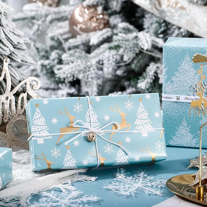 WRAPAHOLIC 30 Inch Christmas Wrapping Paper Roll - Jumbo Roll Blue and Silver Reindeer, Christmas Tree, Snowflake Holiday Design Printed on Pearlized Paper - 4 Rolls - 30 Inch x 120 Inch Per Roll